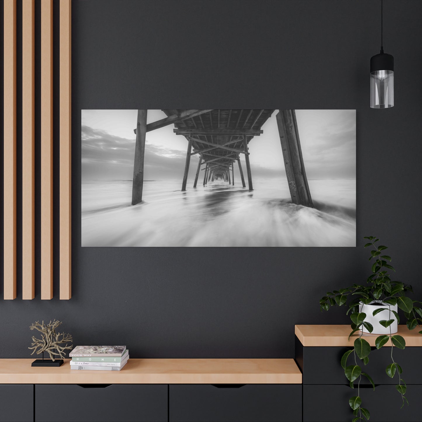 Canvas Print - Black & White Waves at the Pier, Atlantic Ocean