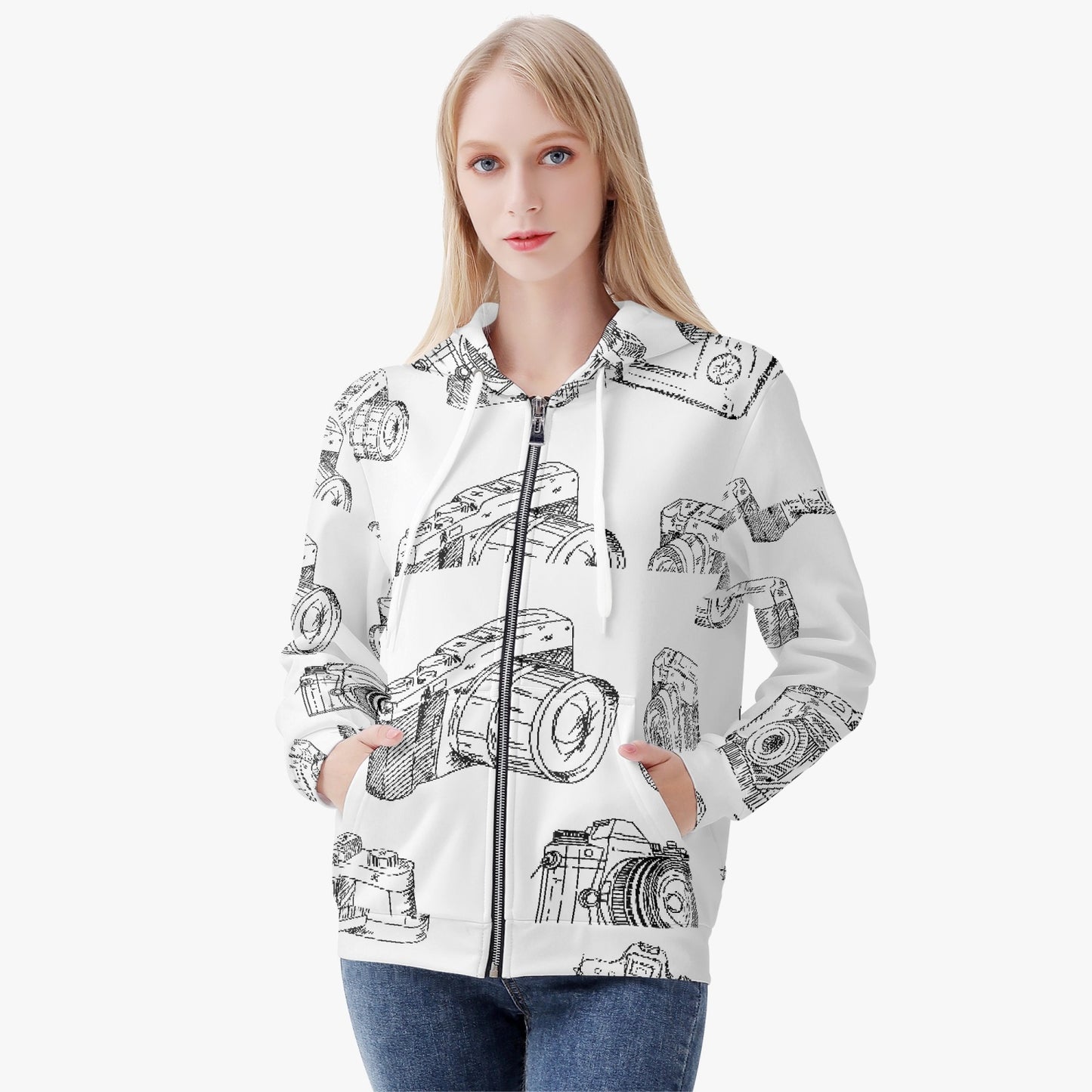 A must for those fall sessions! Women's AOP Full Zip Up Hoodie with Camera Drawings Pattern