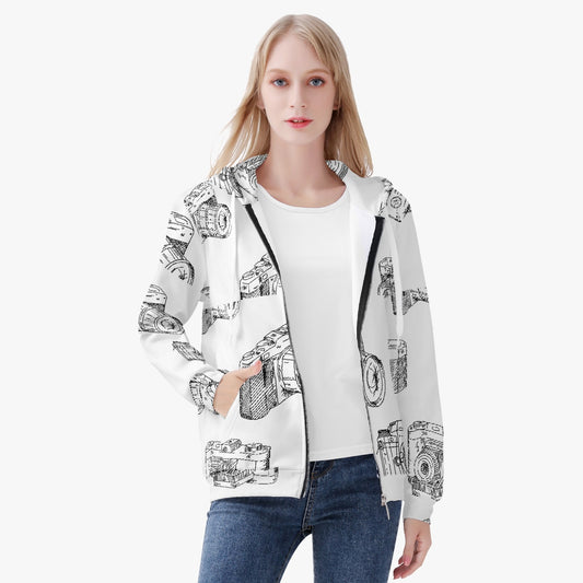 A must for those fall sessions! Women's AOP Full Zip Up Hoodie with Camera Drawings Pattern