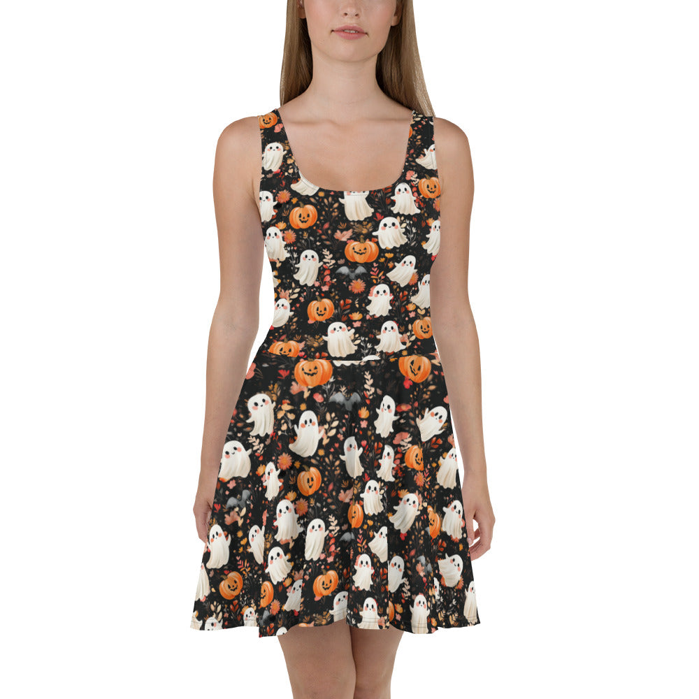 Cute'n Spooky Ghosts, Pumpkins and Bats! Perfect for the fall or spooky season! This Skater Dress is perfect for work, play or browsing those hometown fall festivals!