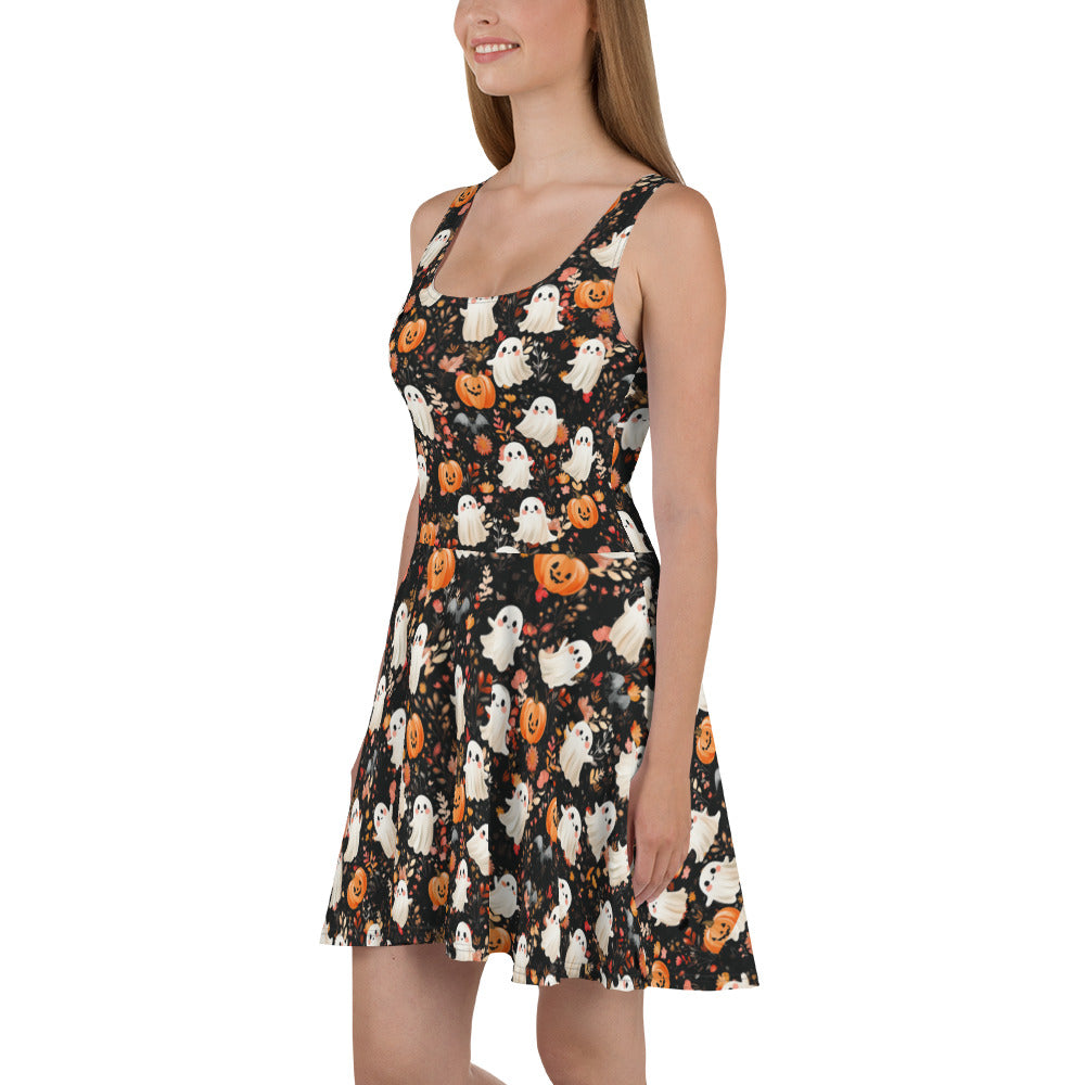 Cute'n Spooky Ghosts, Pumpkins and Bats! Perfect for the fall or spooky season! This Skater Dress is perfect for work, play or browsing those hometown fall festivals!